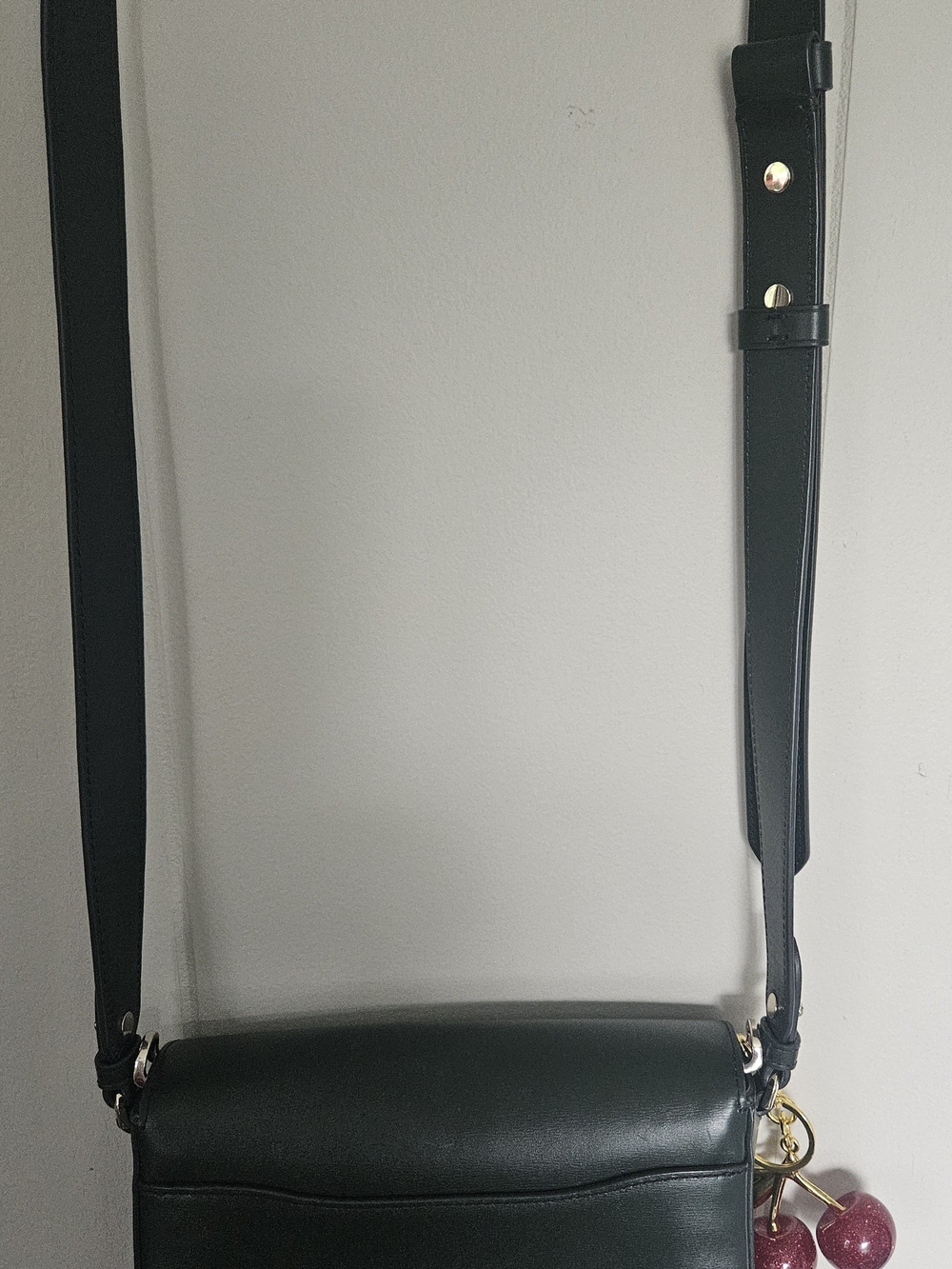Women's Dark Green Leather Crossbody Bag with Adjustable Strap Cherry Keychain